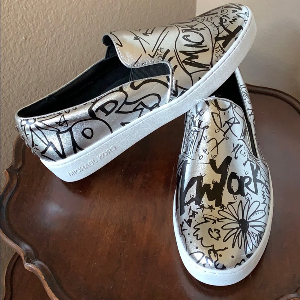 Michael Kors Silver Graffiti Slip-on Shoes